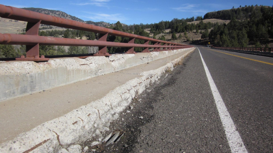 Photo of a bridge going through a forest. There's significant wear and tear on the lip and railing.