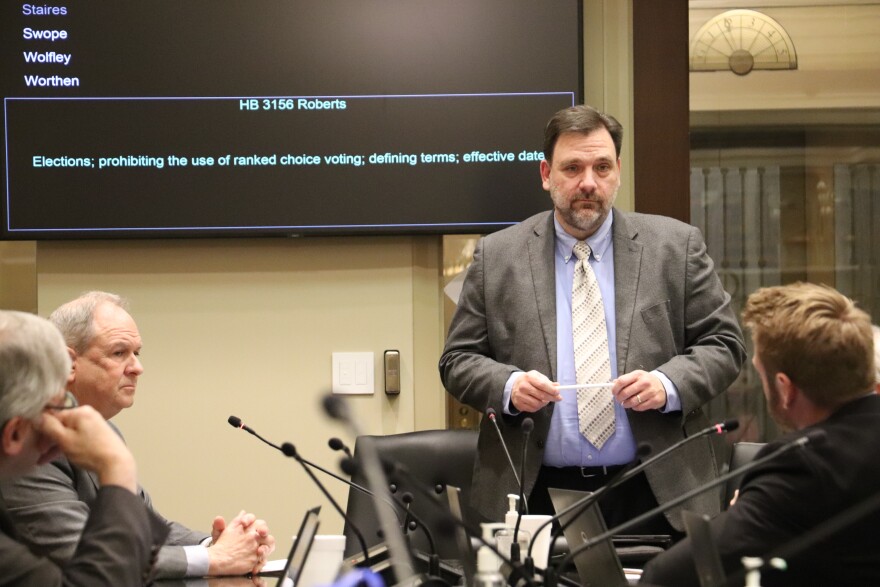 Oklahoma State Board of Elections Secretary Paul Ziriax answers questions from Rep. Mickey Dollens, D-Oklahoma City, about ranked-choice voting, Feb. 12, during a House Elections and Ethics Committee meeting at the Oklahoma State Capitol. Ziriax supports the state-wide ban on ranked-choice voting proposed by Rep. Eric Roberts, R-Oklahoma City.