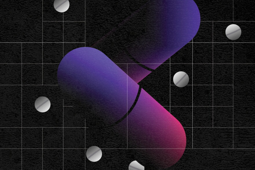 an illustration depicting purple capsules and white pills floating within a grid structure