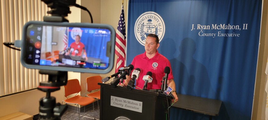 Onondaga County Executive Ryan McMahon speaks after a public hearing in Syracuse Wednesday, July 15, 2026