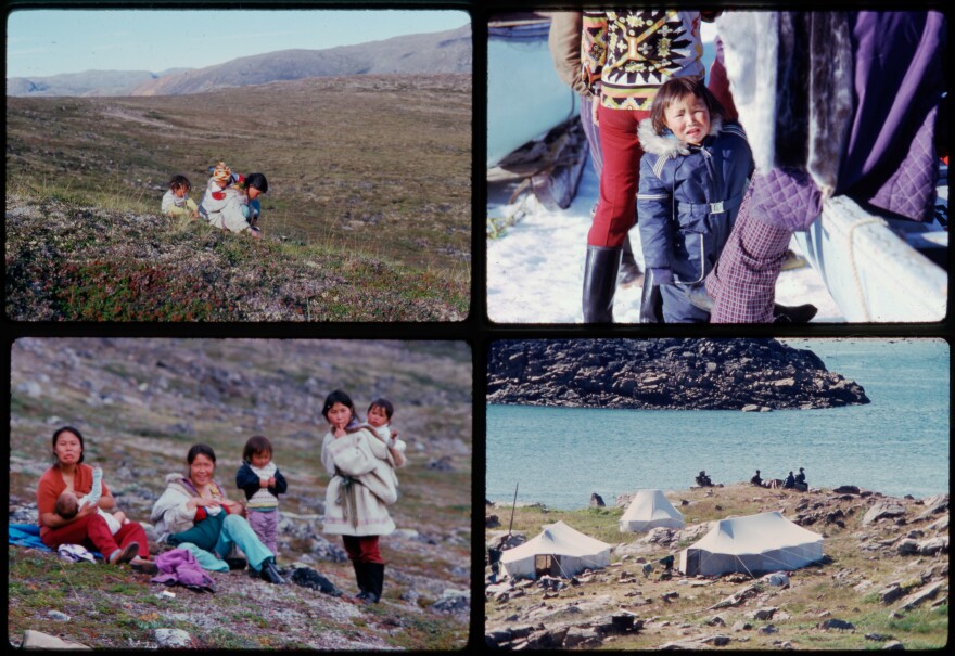 Myna Ishulutak (upper right, in blue jacket) lived a seminomadic life as a child. Above: photos of the girl and her family in the hunting camp of Qipisa during the summer of 1974.