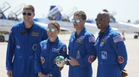 Artemis 2 crew members, from left, Mission Spc. Jeremy Hansen, of Canada, Mission Spc. Christina Koch, Commander Reid Wiseman, and Pilot Victor Glover pose for a photo after the crew's arrival at the Kennedy Space Center Friday, March 27, 2026, in Cape Canaveral, Fla.