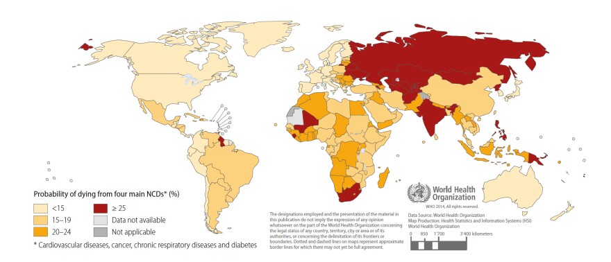 The map shows the probability of dying from the four main noncommunicable diseases for people between 30 and 70 years old.