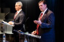 Former San Antonio Mayor Ron Nirenberg, left, and Republican Patrick Von Dohlen, right participate in a Bexar County Judge debate at Texas Public Radio’s Irma & Emilio Nicolas Media Center.