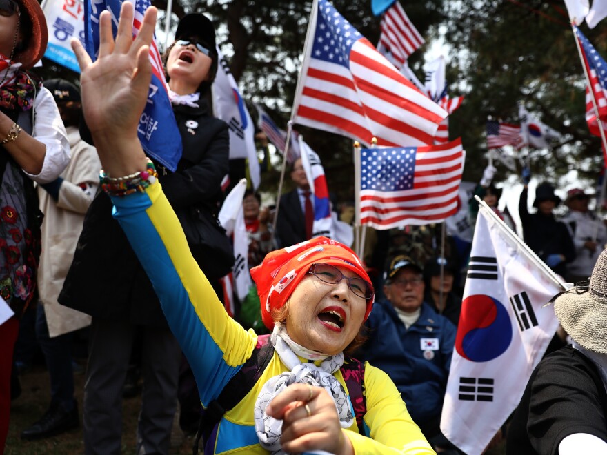 South Koreans opposed to the summit protest on Friday in Paju, South Korea, near the meeting site in Panmunjom.