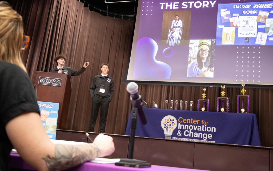 Runners up included the Freedom Boots team, which will receive a surprise $10,000 scholarship. Here, they make their presentation to the panel of judges Friday, Jan. 22.