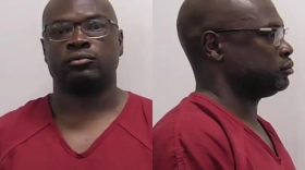 A booking photo shows a man in a red jail uniform, with front and side views.
