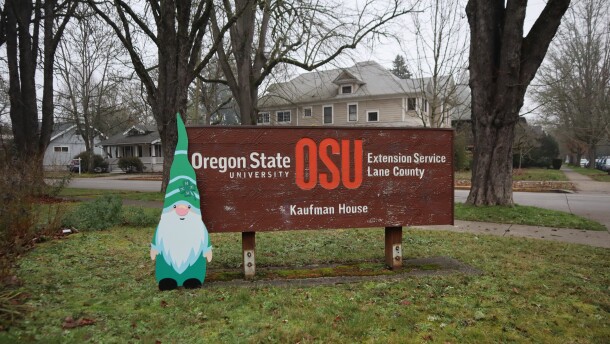 A gnome with the 4-H logo sits next to the OSU Extension Services sign outside of its Lane County office.
