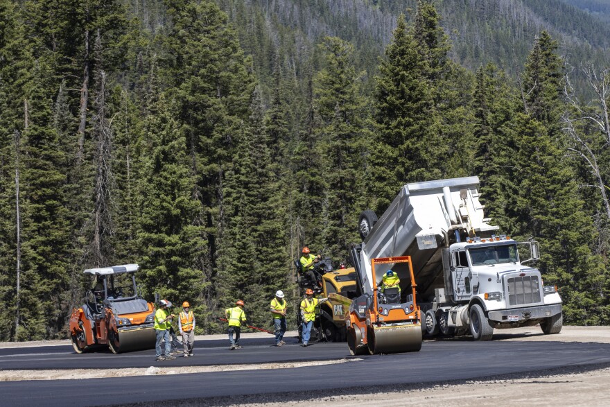 Construction takes place on the Teton Pass near Jackson, Wyo.