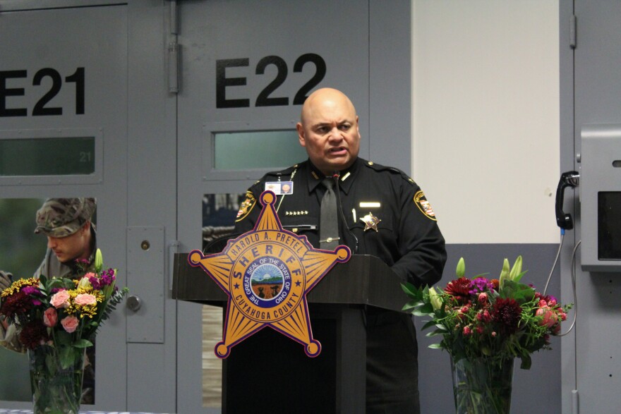 Cuyahoga County Sheriff Harold Pretel speaks at a program commemorating the opening of a veterans' pod in the county jail in Downtown Cleveland.
