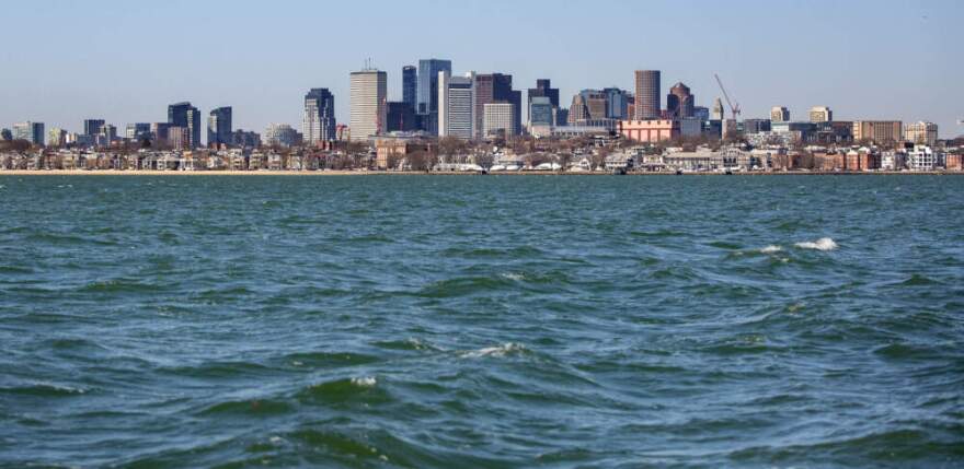 The Boston skyline, as seen from the harbor. (Robin Lubbock/WBUR)
