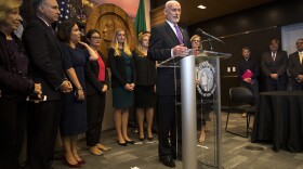 Mayor Tim Burgess answers questions on Monday, September 18, 2017, after taking the oath of office and becoming the mayor of Seattle, at City Hall in Seattle. 