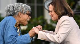 Vice President Kamala Harris (R) greets US teacher and activist Opal Lee prior to a Juneteenth concert on the South Lawn of the White House in Washington, DC, on June 13, 2023. (Andrew Caballero-Reynolds/AFP via Getty Images)
