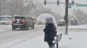 On Dec. 1, 2025, Dimple Dennis uses an umbrella to fend off falling snow while waiting at a bus stop at 63rd and Swope Parkway to go to the grocery store.