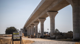 Construction of a ramp for California's high-speed rail project in Fresno on Sept. 12, 2025.