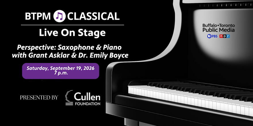 black grand piano and a black background. BTPM logo in the top right corner. In white on the left: BTPM Classical logo, LIVE ON STAGE, Perspective: Saxophone & Piano with Grant Asklar & Dr. Emily Boyce and the date, time, and location of the event, and PRESENTED BY followed by a logo for the cullen foundation