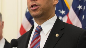 US Senator Cory Booker (D-NJ) with fellow Senate Democrats pushing for a raise in the Minimum Wage
