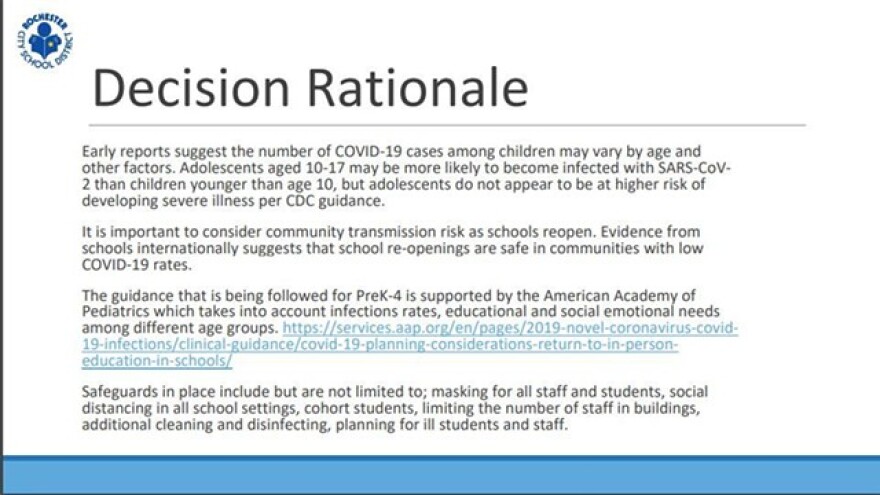An excerpt of the RCSD's plan to reopen schools in 2020-21.