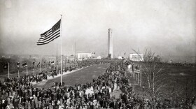 A large crowd gathered for the dedication of the Liberty Memorial on a cold grey day on November 11, 1926. President Calvin Coolidge addressed the crowd.