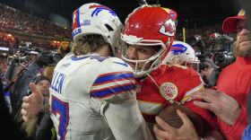 Buffalo Bills quarterback Josh Allen, left, and Kansas City Chiefs quarterback Patrick Mahomes hug after the AFC Championship NFL football game, Sunday, Jan. 26, 2025, in Kansas City, Mo. (AP Photo/Charlie Riedel)