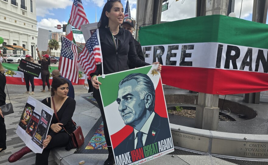 Central Florida's Iranian community gathered in front of Orlando City Hall to celebrate the death of Ayatollah Khamenei on Sunday March 1, 2026.