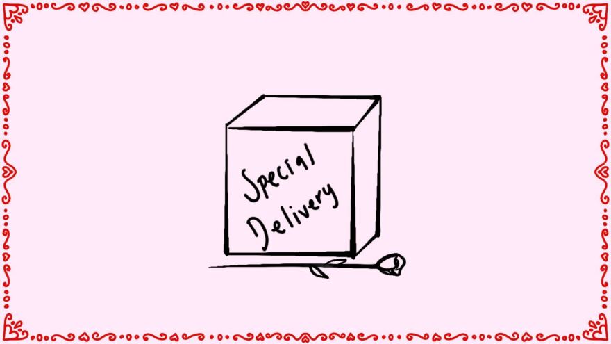 An illustration of a box that says "special delivery" with a rose at the bottom of it.