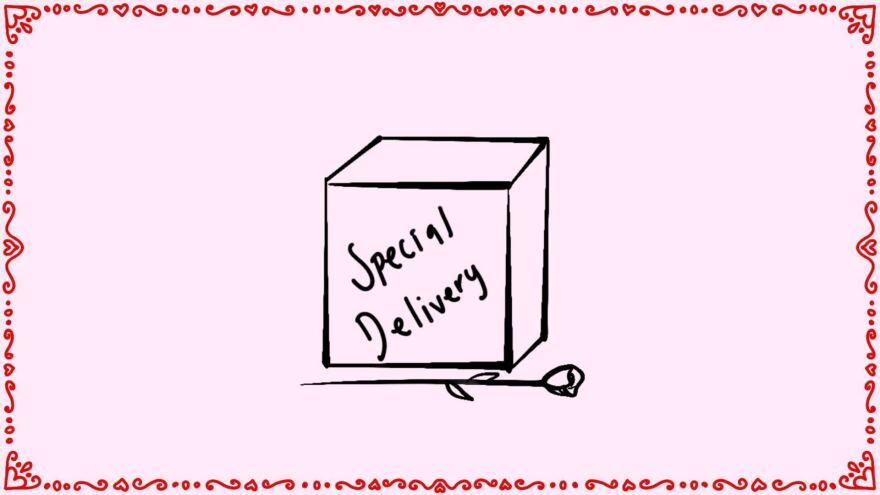 An illustration of a box that says "special delivery" with a rose at the bottom of it.