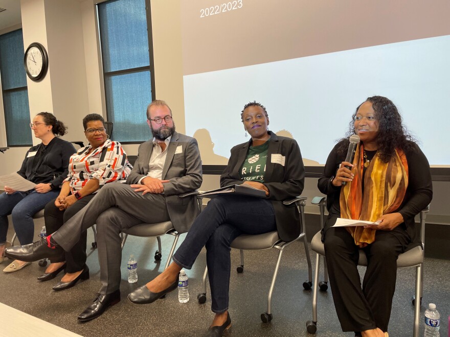 From left to right: Erin Gillespie with the City of Charlotte, Melissa Gaston with North End Community Coalition, Zack Wyatt with Carolina Farm Trust, Stacey Brown with Grier Heights Community Improvement Organization, and Beverly Knox (Davis) with Historic Hoskins Coalition Group.