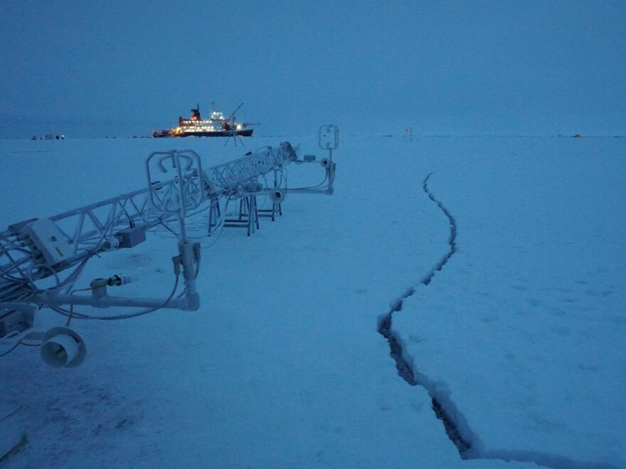 Placement of a tower of instruments used to measure different properties of the atmosphere was delayed a bit by a crack that formed in the ice next to it.