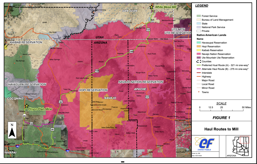 A map of the haul route through the Navajo Nation from Pinyon Plains uranium mine in Arizona to a uranium mill in White Mesa, Utah. The agreement allowing this transport has concerned advocates about whether the agreement will also apply to uranium transport from a proposed mine in New Mexico near Mount Taylor.
