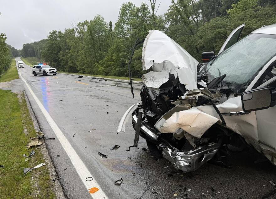 Wreckage left by a crash near State Roads 64 and 161, west of Huntingburg, on May 20, 2026