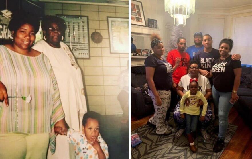 Left: Jeanette Taylor, her mother and her youngest child in 2006. Right: Taylor, her five children and her granddaughter after she became an alderwoman in 2019.
