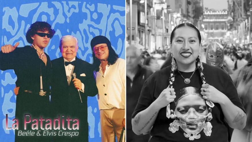 Beéle (left) and Elvis Crespo with TV host Jorge Barón; Mare Advertencia.