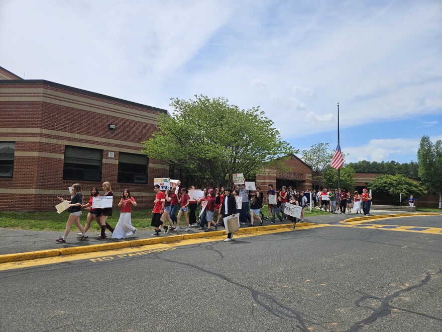 Students hold a walkout at Mount Everett Regional School in Sheffield, Massachusetts, on May 28, 2026.
