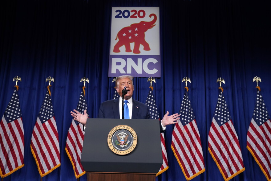 President Donald Trump speaks on stage during the first day of the RNC convention, Monday, Aug. 24, 2020, in Charlotte.