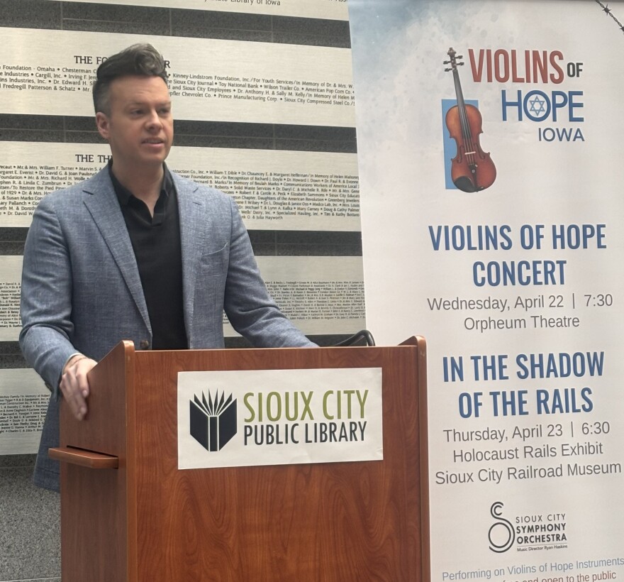 Sioux City Symphony Director Ryan Haskins speaks about the Violins of Hope events to be held in April 2026 in Sioux City. (Bret Hayworth, Siouxland Public Media News)