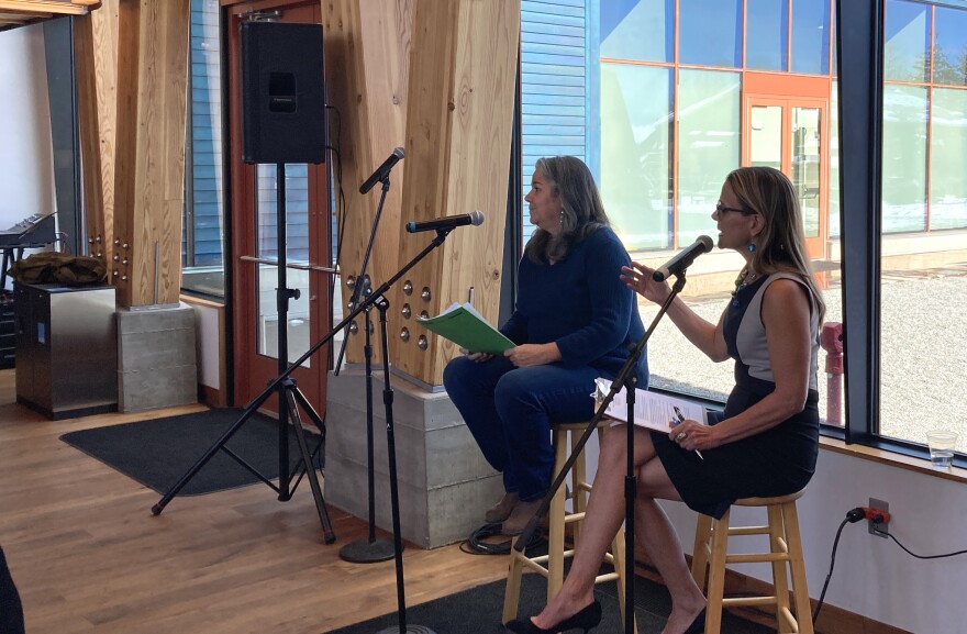 National Federation of Community Broadcasters President Sally Kane (L) and RMCR Board President Kelley Dole, delivering keynote remarks at this year's conference in Crested Butte, Colorado.