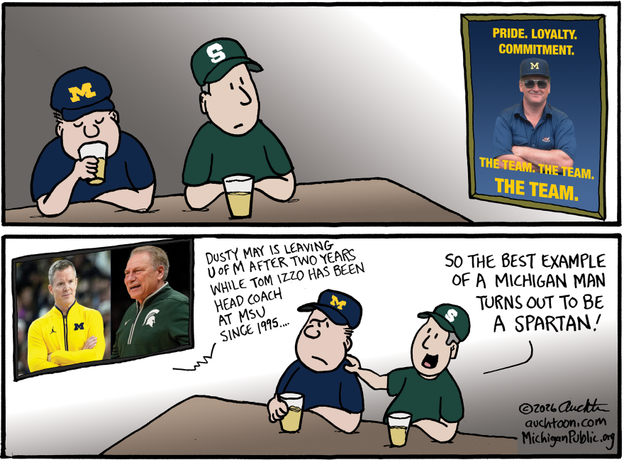 In the top panel, two cartoon men sit at a bar, one wearing a Michigan "M" cap and shirt drinking a beer, the other wearing a Michigan State "S" cap and shirt staring at his beer. To the right hangs a framed photo of a smiling man in sunglasses and a Michigan cap with crossed arms, captioned "Pride. Loyalty. Commitment. The Team. The Team. The Team." In the bottom panel, a TV/photo insert shows real-life basketball coaches Dusty May (in Michigan gear) and Tom Izzo (in Michigan State gear) side by side, with text reading: "Dusty May is leaving U of M after two years while Tom Izzo has been head coach at MSU since 1995…" The Michigan-capped cartoon man looks deflated while the Michigan State-capped man pats him on the shoulder, saying, "So the best example of a Michigan Man turns out to be a Spartan!"