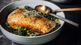 Crispy salmon with green curry spinach. (Courtesy of Nik Sharma)