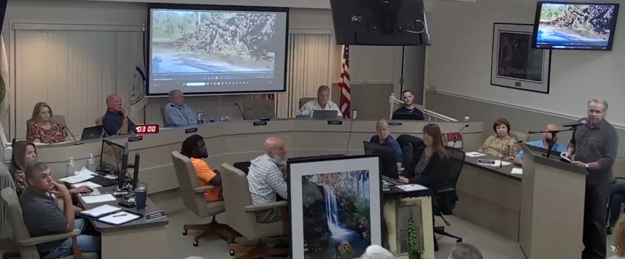 Bill White warned the Dunnellon City Council of rail tie stockpiles at an Oct. 27 meeting. “This is unwanted,” he said. “Even with protections, things go bad.” (Courtesy of City of Dunnellon)
