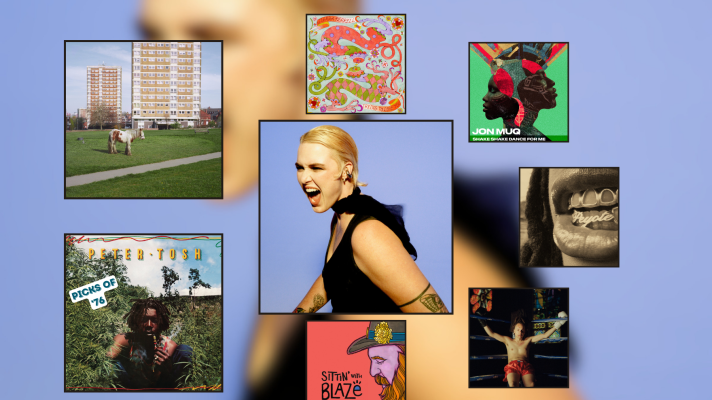 Artwork for three albums and five singles displayed in black square frames of varying sizes. The largest is in the middle and features a blonde person yelling with their mouth open, the blue background is also used for the background of the full image. There are two frames that are the next biggest, one has a horse standing in front of a high rise apartment building and the other has a man sitting in a field of marijuana smoking a pipe. The five smallest squares have: a swirling dragon painting, two faces back to back with colors rising from them, a close up of a mouth with a gril that says "peyote," a boxer leaning against the ropes, and a bearded man in a cowboy hat.