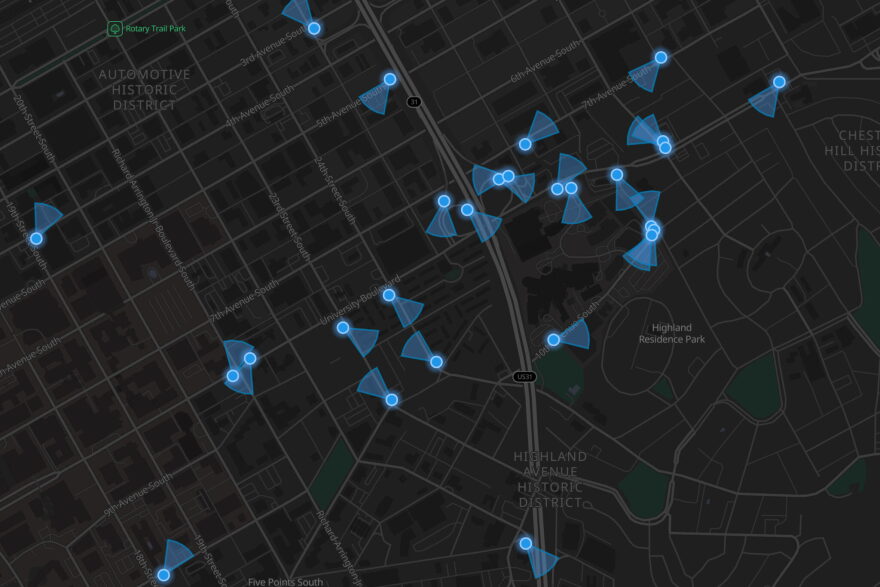 A screen shot shows blue dots on a street map representing where Flock cameras are in Birmingham.
