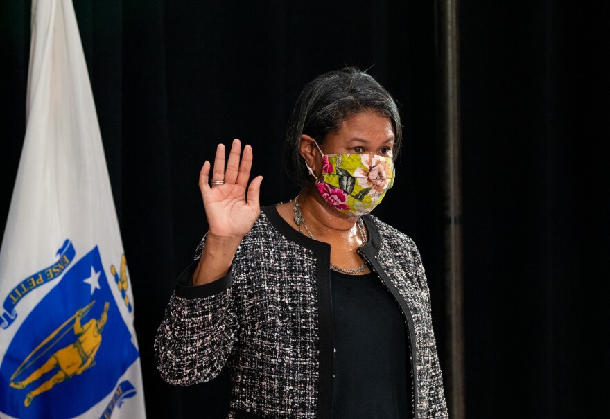 Massachusetts Supreme Judicial Court Justice Kimberly Budd takes a witness oath before answering questions from Governor's Council members at a confirmation hearing on Nov. 12. 