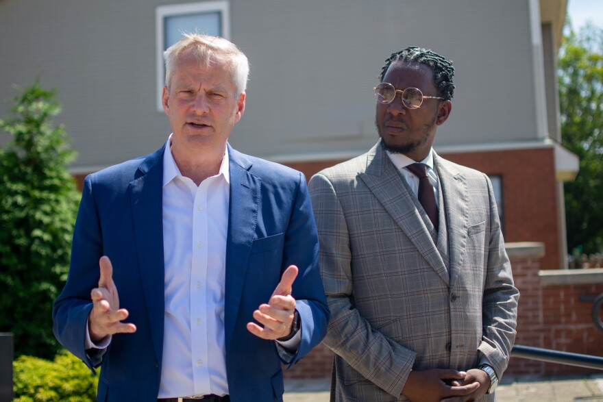 Cuyahoga County executive candidate Lee Weingart, left, announces his endorsement by former Cleveland councilman Basheer Jones.