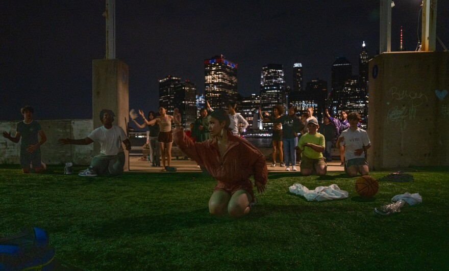 Mertarvik students and Provincetown students dance together in Brooklyn, New York on June 6, 2025.