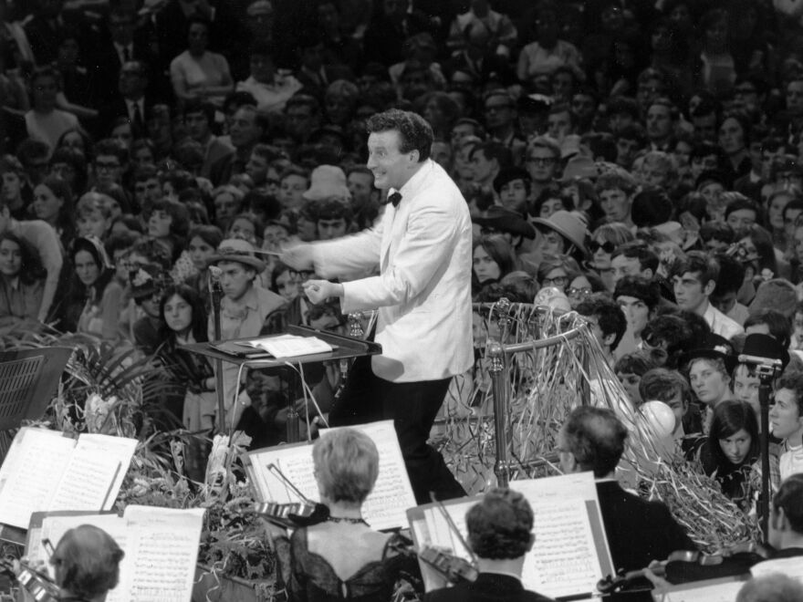 The late Colin Davis conducting the last night of Proms at London's Royal Albert Hall in September 1968.