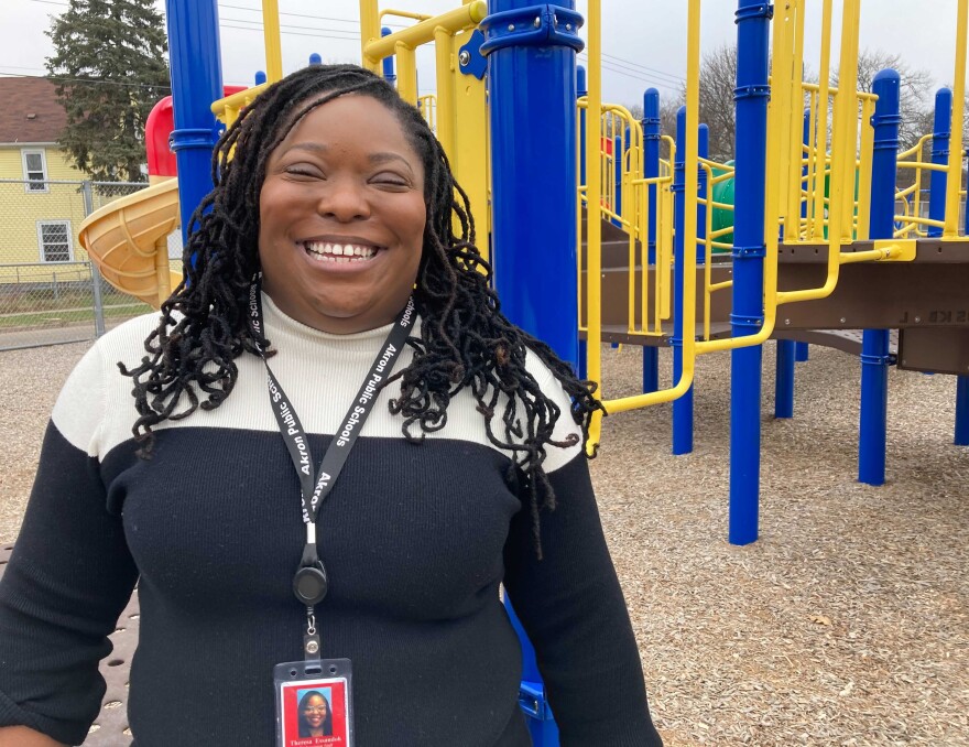 Dean of students Theresa Essandoh laments the empty playground and classrooms at Findley elementary in Akron. She says the pandemic has provided a view into the home lives of students and the need to acknowledge their mental and emotional needs. 