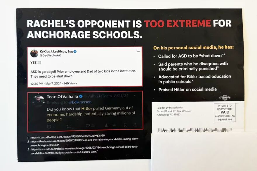 2026 campaign postcard paid for by Anchorage School Board candidate Rachel Blakeslee's campaign