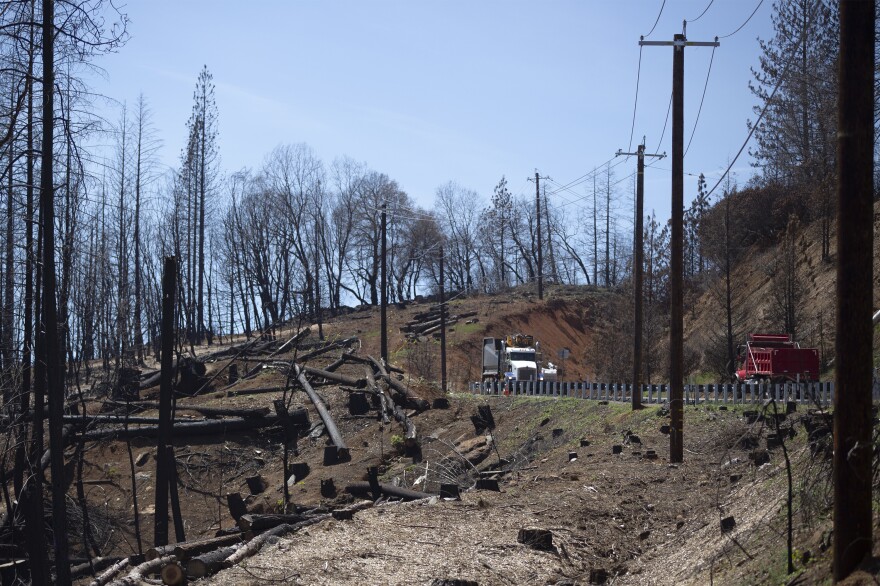 Trucks drive by scorched trees near Paradise. It is estimated that removal of debris from the fire will cost upwards of $1.7 billion, which will mostly be paid for by federal taxpayers.