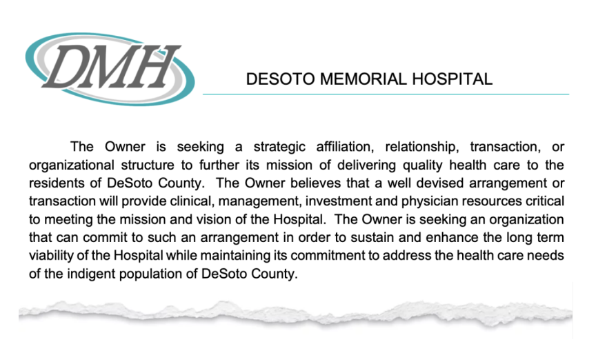 An art image depicting a tearsheet of a message from DeSoto Memorial Hospital